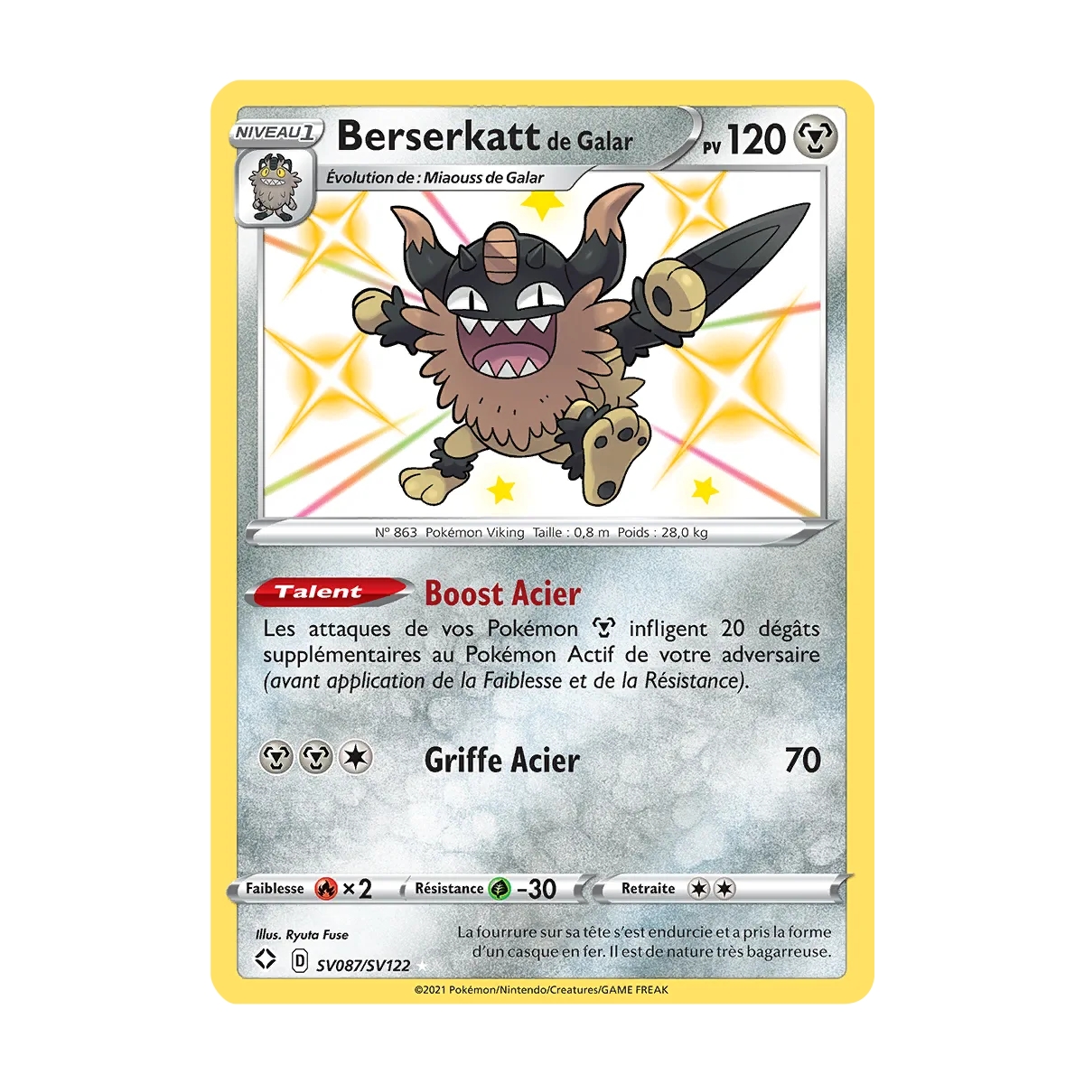 Carte Berserkatt de Galar - Chromatique rare de Pokémon Destinées Radieuses SV087/SV122