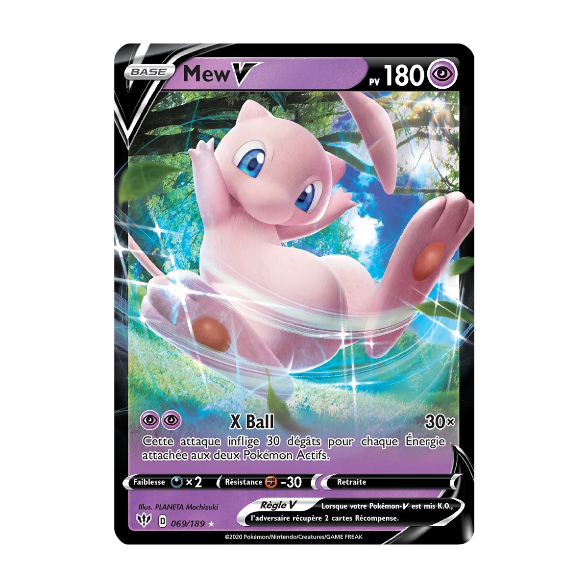 Mew 069/189 : Joyau Holographique rare V de l'extension Pokémon Épée et Bouclier Ténèbres Embrasées