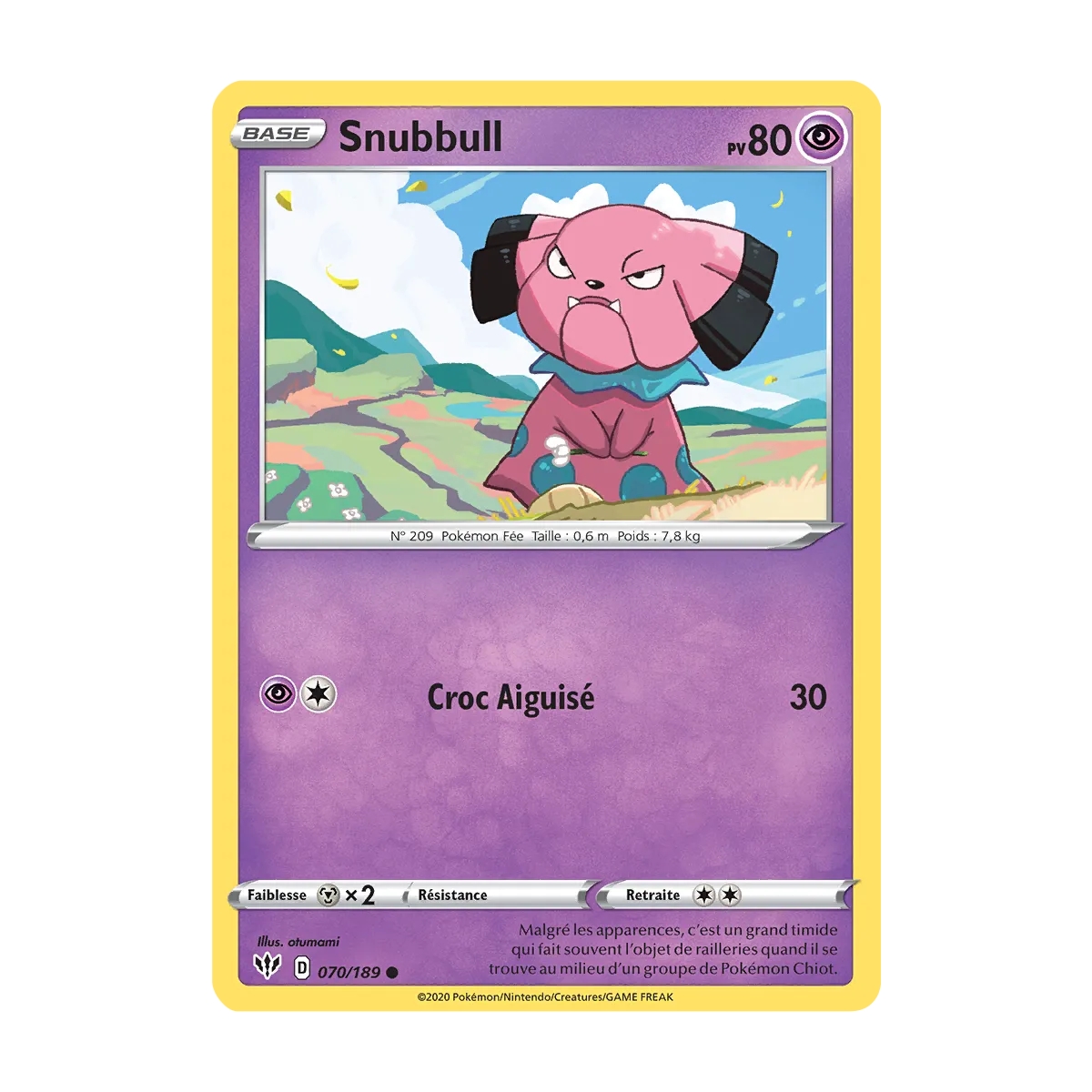 Carte Snubbull - Commune (Brillante) de Pokémon Épée et Bouclier Ténèbres Embrasées 070/189