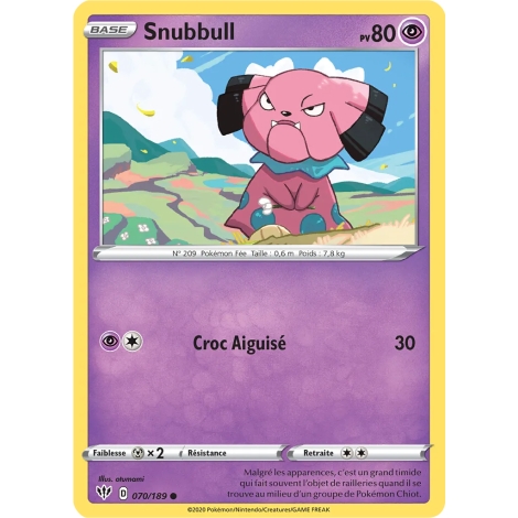 Carte Snubbull - Commune (Brillante) de Pokémon Épée et Bouclier Ténèbres Embrasées 070/189