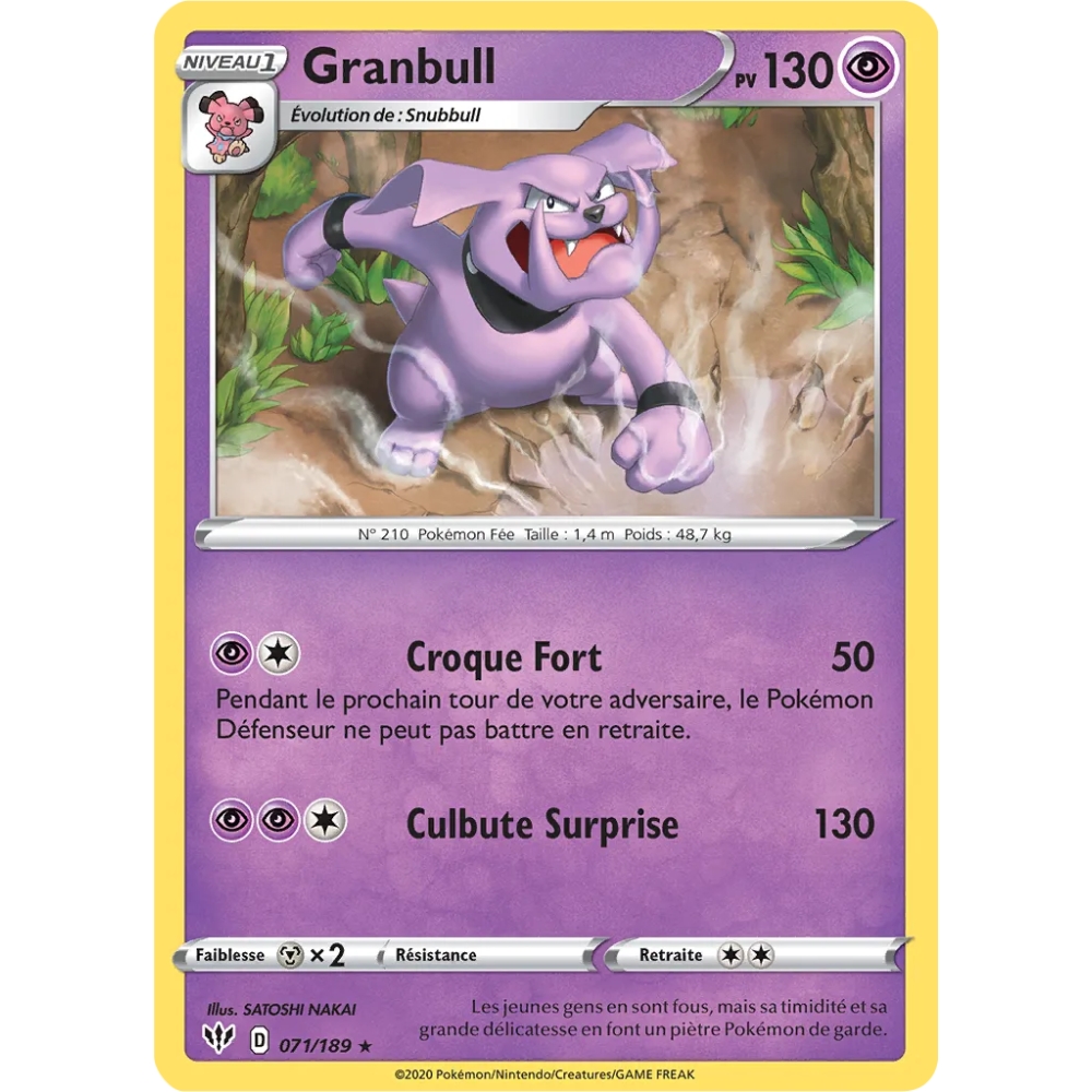 Carte Granbull - Rare (Brillante) de Pokémon Épée et Bouclier Ténèbres Embrasées 071/189