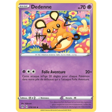 Dedenne 078/189 : Joyau Peu commune (Brillante) de l'extension Pokémon Épée et Bouclier Ténèbres Embrasées