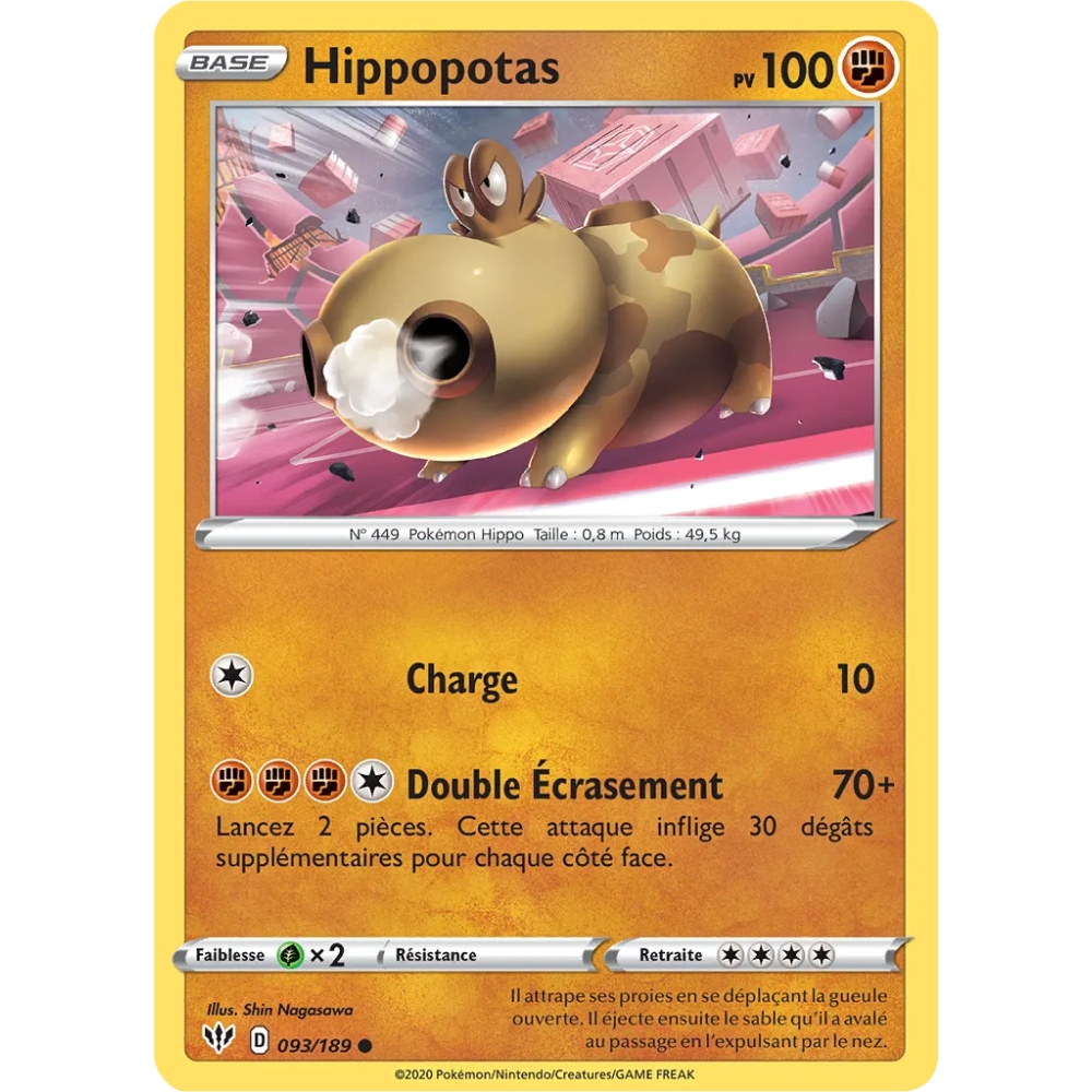 Hippopotas 093/189 : Joyau Commune (Brillante) de l'extension Pokémon Épée et Bouclier Ténèbres Embrasées