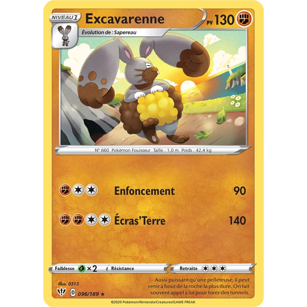 Carte Excavarenne - Rare (Brillante) de Pokémon Épée et Bouclier Ténèbres Embrasées 096/189