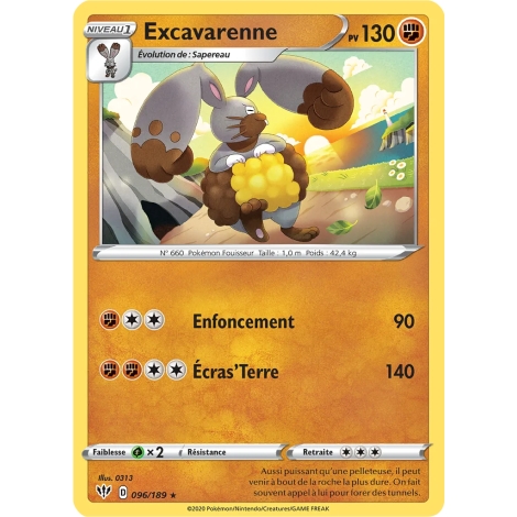 Carte Excavarenne - Rare (Brillante) de Pokémon Épée et Bouclier Ténèbres Embrasées 096/189