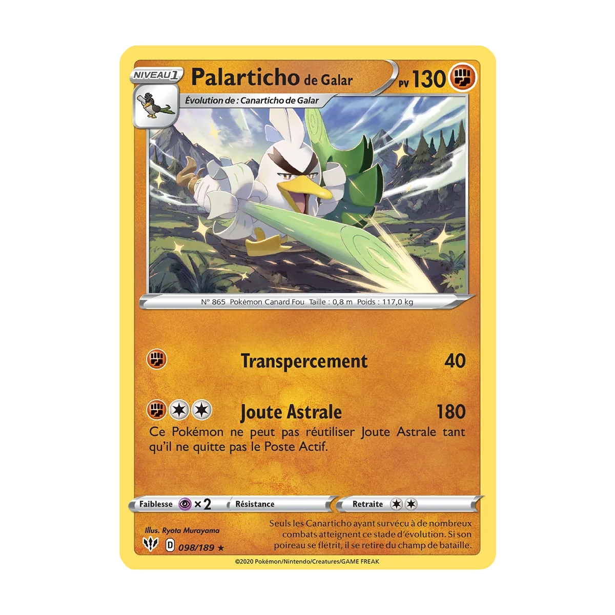 Palarticho de Galar 098/189 : Joyau Rare (Brillante) de l'extension Pokémon Épée et Bouclier Ténèbres Embrasées