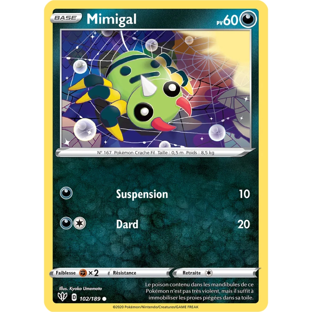 Mimigal 102/189 : Joyau Commune (Brillante) de l'extension Pokémon Épée et Bouclier Ténèbres Embrasées