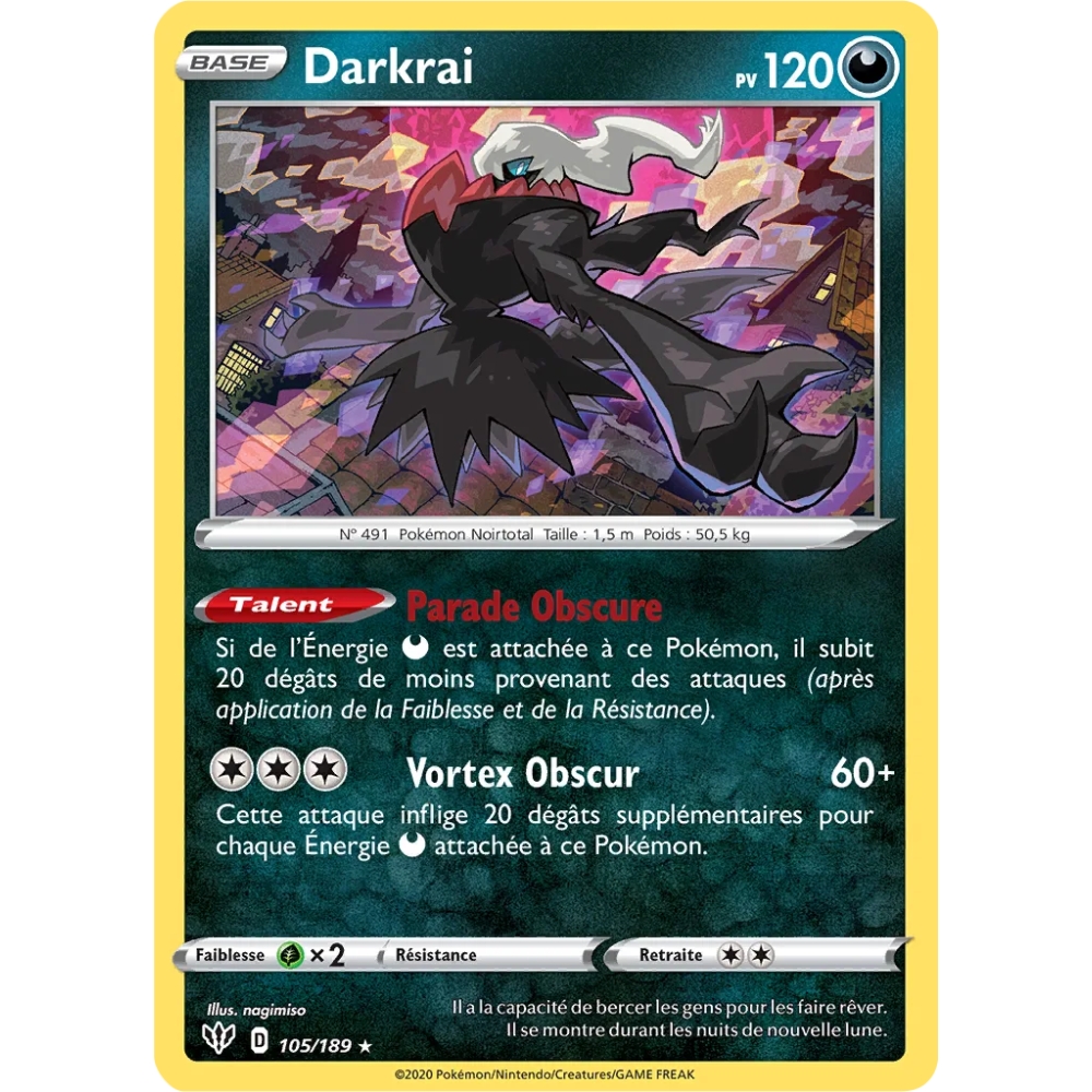 Carte Darkrai - Holographique rare de Pokémon Épée et Bouclier Ténèbres Embrasées 105/189