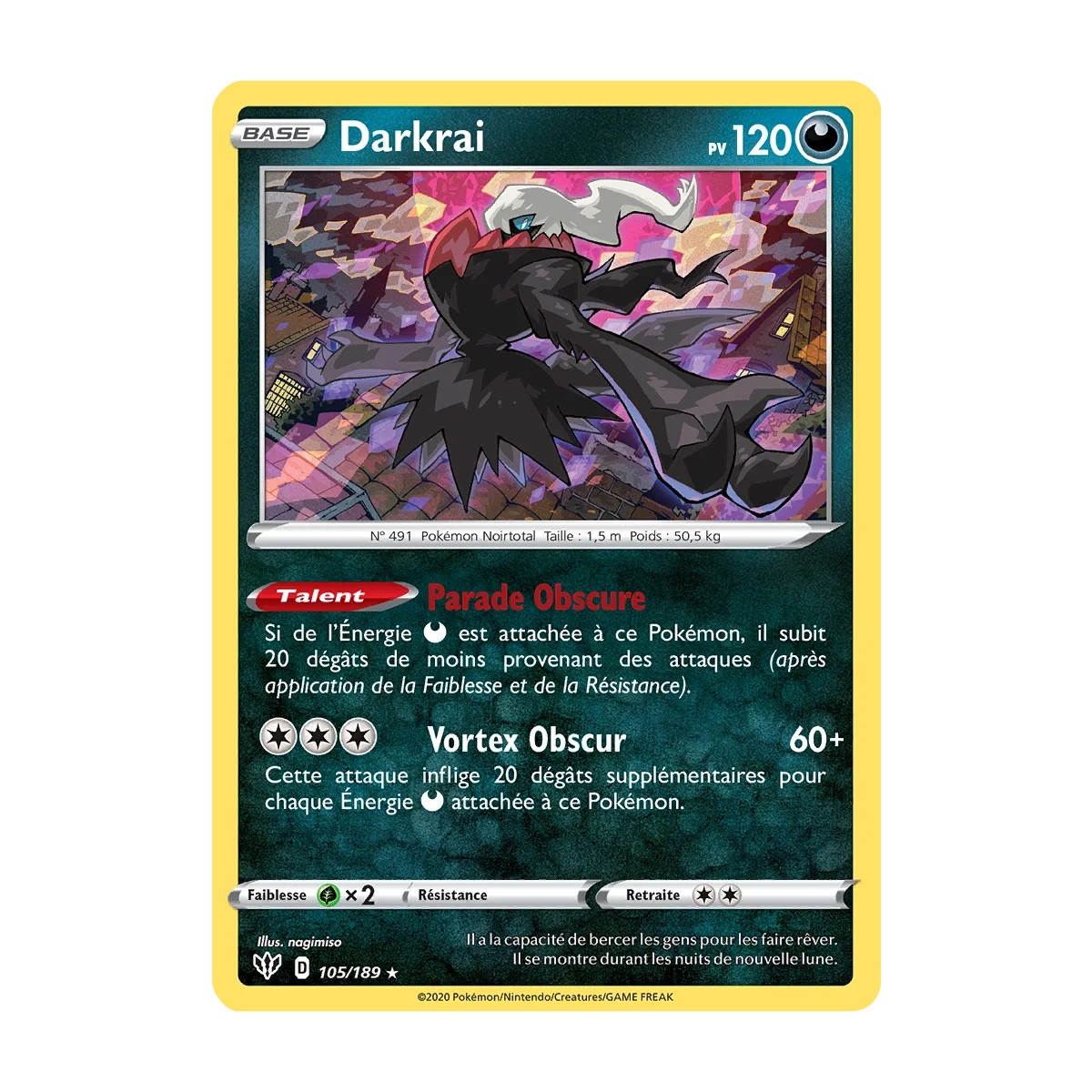 Carte Darkrai - Holographique rare de Pokémon Épée et Bouclier Ténèbres Embrasées 105/189