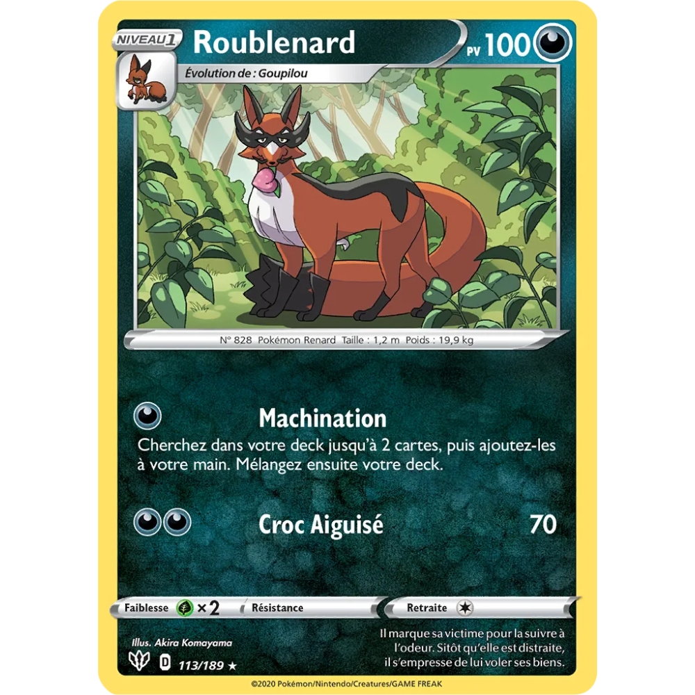 Roublenard 113/189 : Joyau Rare (Brillante) de l'extension Pokémon Épée et Bouclier Ténèbres Embrasées