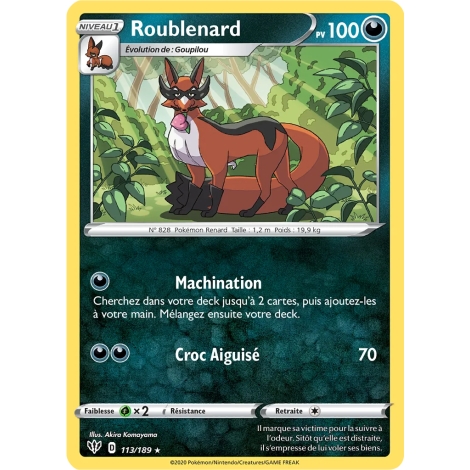 Roublenard 113/189 : Joyau Rare (Brillante) de l'extension Pokémon Épée et Bouclier Ténèbres Embrasées