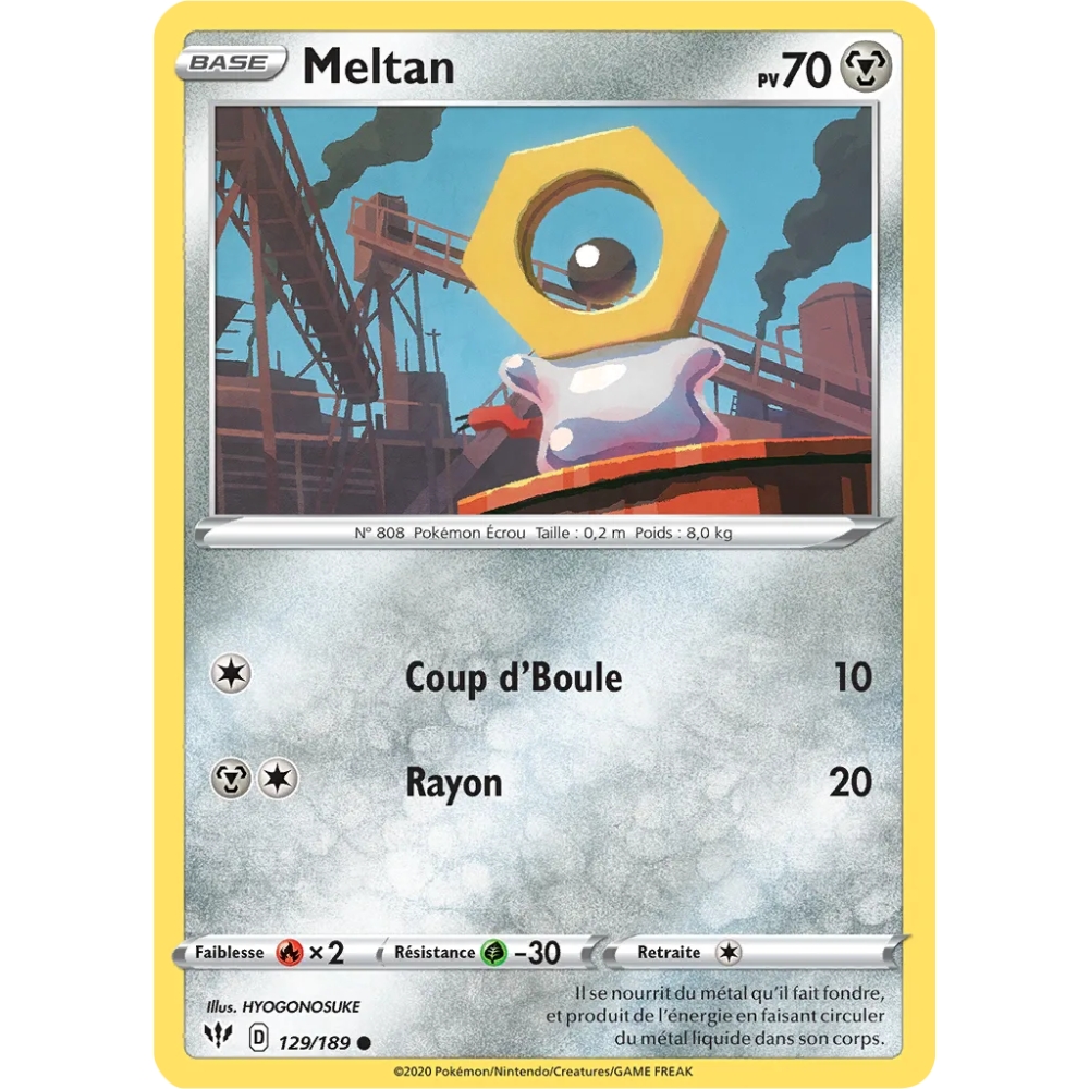 Meltan 129/189 : Joyau Commune (Brillante) de l'extension Pokémon Épée et Bouclier Ténèbres Embrasées