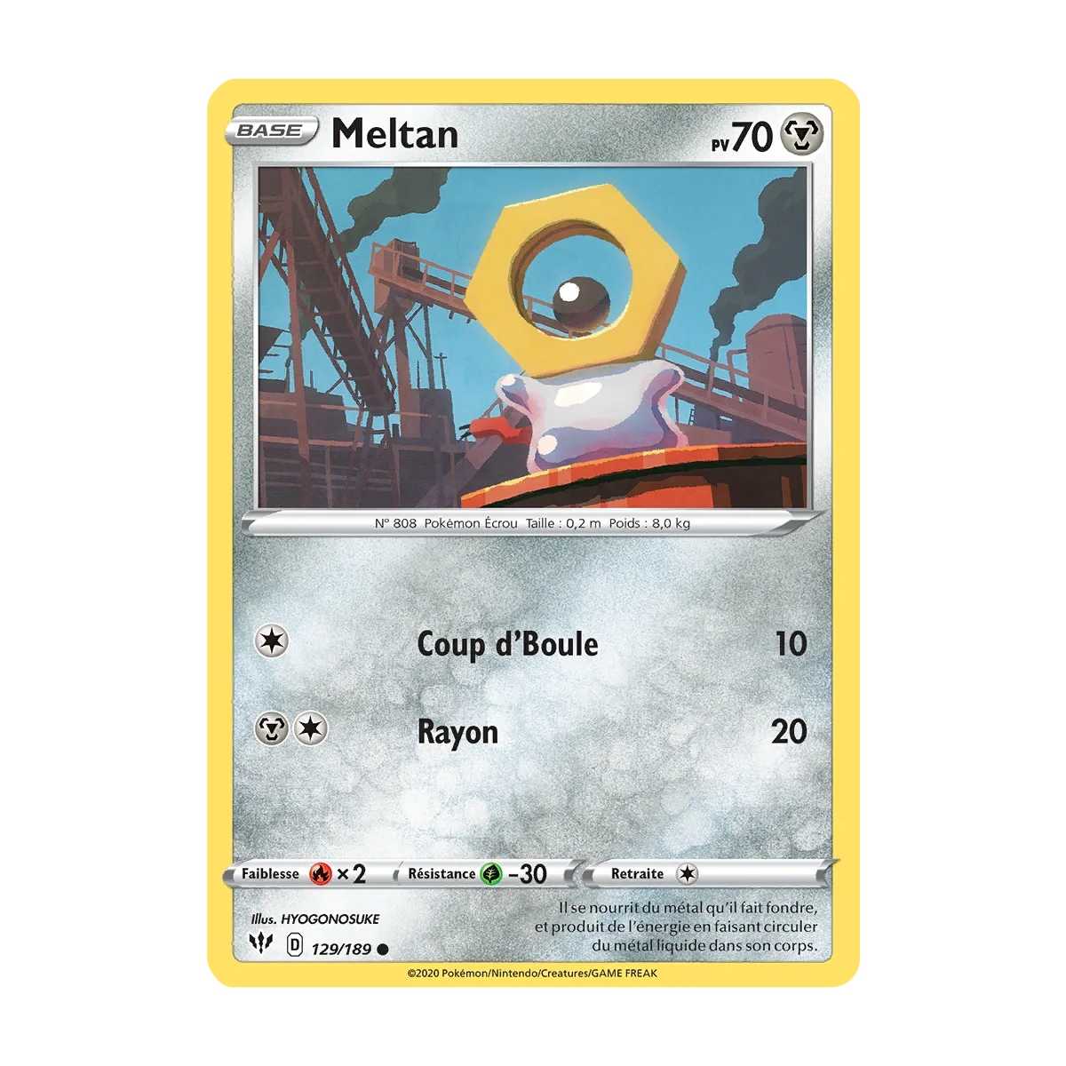 Meltan 129/189 : Joyau Commune (Brillante) de l'extension Pokémon Épée et Bouclier Ténèbres Embrasées