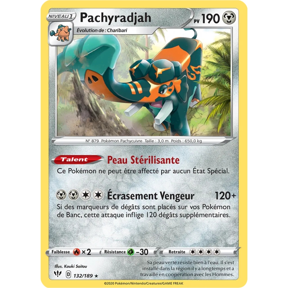 Carte Pachyradjah - Holographique rare de Pokémon Épée et Bouclier Ténèbres Embrasées 132/189