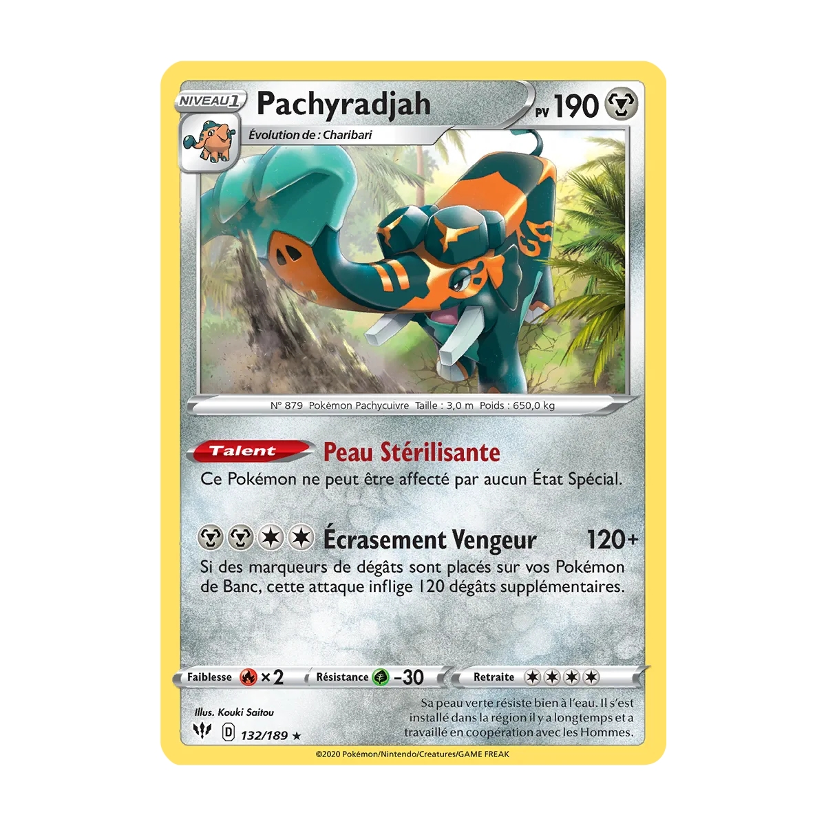 Carte Pachyradjah - Holographique rare de Pokémon Épée et Bouclier Ténèbres Embrasées 132/189