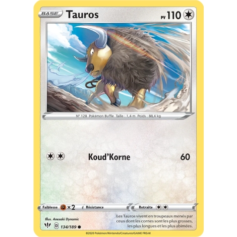 Tauros 134/189 : Joyau Commune (Brillante) de l'extension Pokémon Épée et Bouclier Ténèbres Embrasées