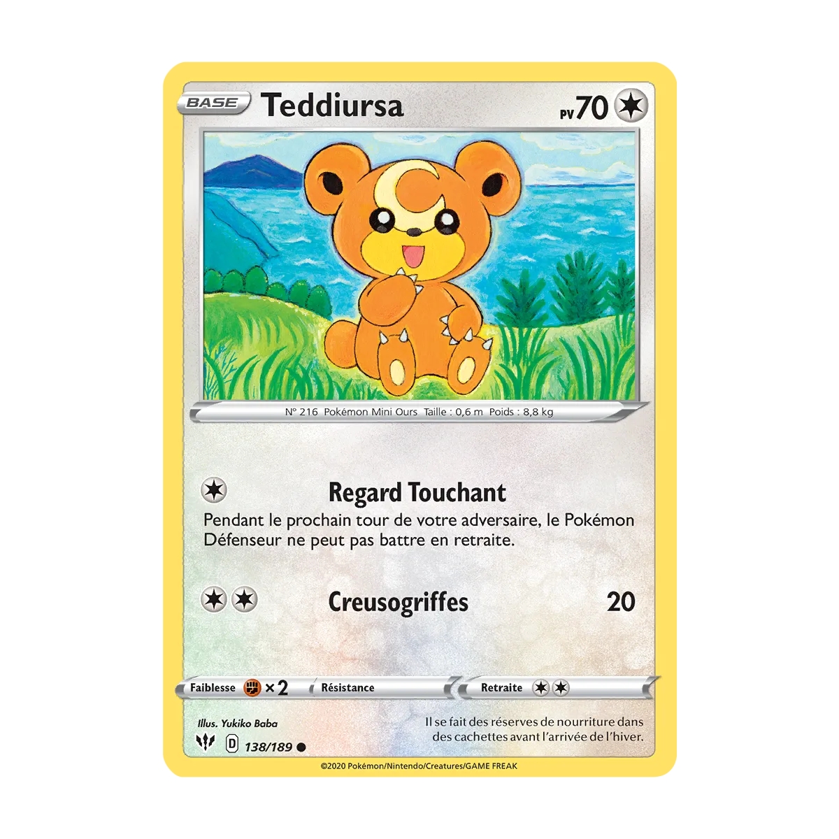 Teddiursa 138/189 : Joyau Commune (Brillante) de l'extension Pokémon Épée et Bouclier Ténèbres Embrasées