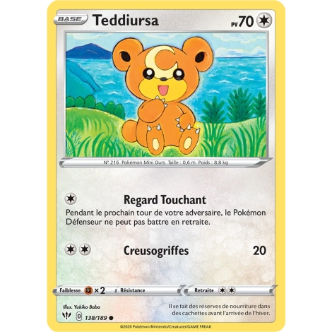 Teddiursa 138/189 : Joyau Commune (Brillante) de l'extension Pokémon Épée et Bouclier Ténèbres Embrasées