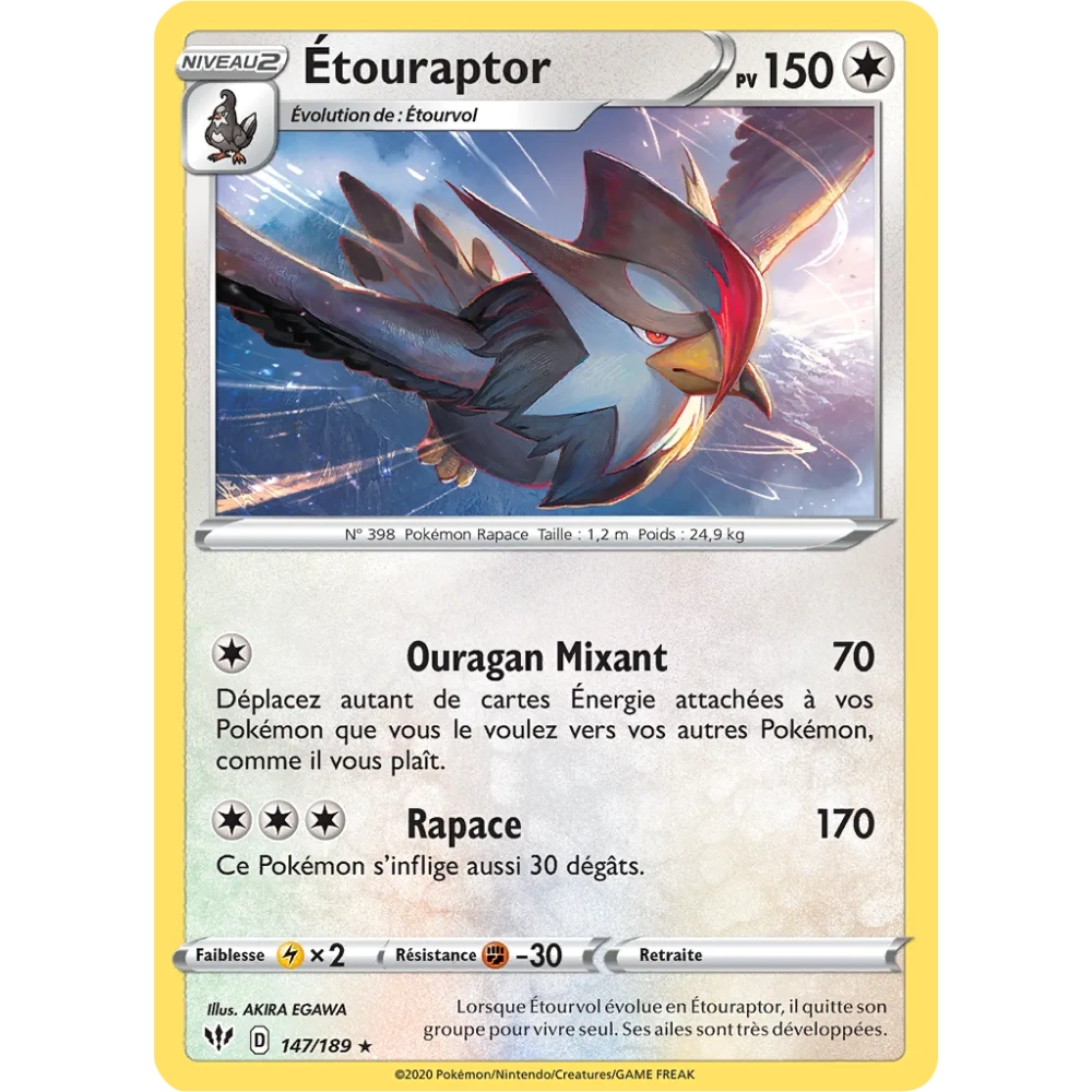 Carte Étouraptor - Rare (Brillante) de Pokémon Épée et Bouclier Ténèbres Embrasées 147/189