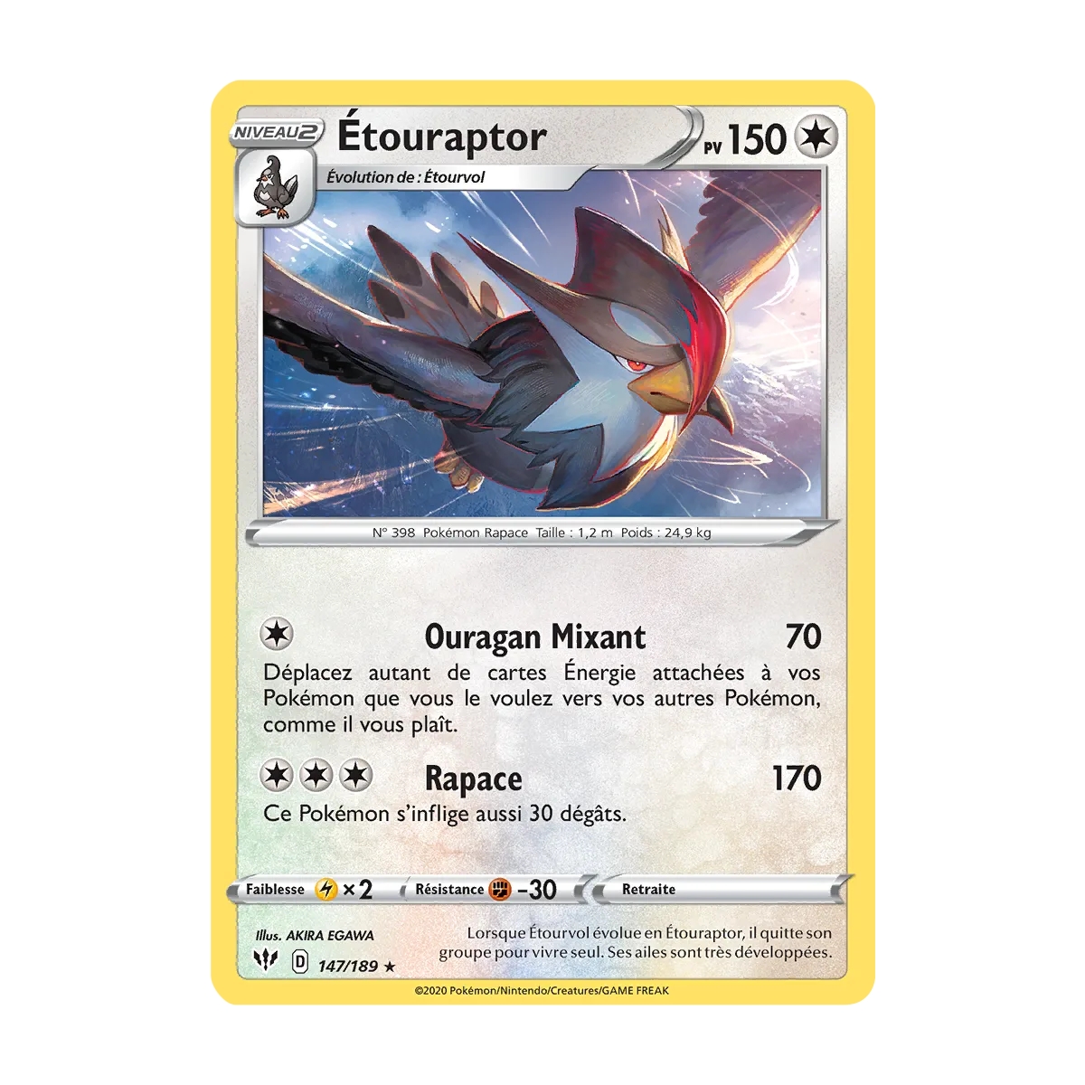 Carte Étouraptor - Rare (Brillante) de Pokémon Épée et Bouclier Ténèbres Embrasées 147/189