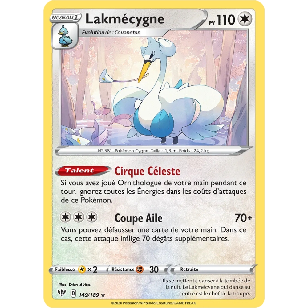 Lakmécygne 149/189 : Joyau Rare (Brillante) de l'extension Pokémon Épée et Bouclier Ténèbres Embrasées