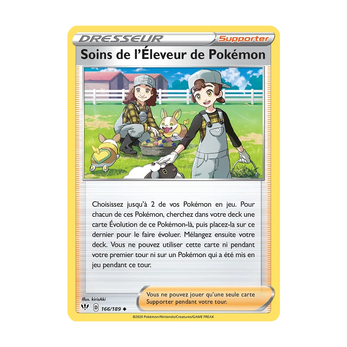 Découvrez Soins de l'Éleveur de Pokémon, carte Peu commune (Brillante) de la série Épée et Bouclier Ténèbres Embrasées