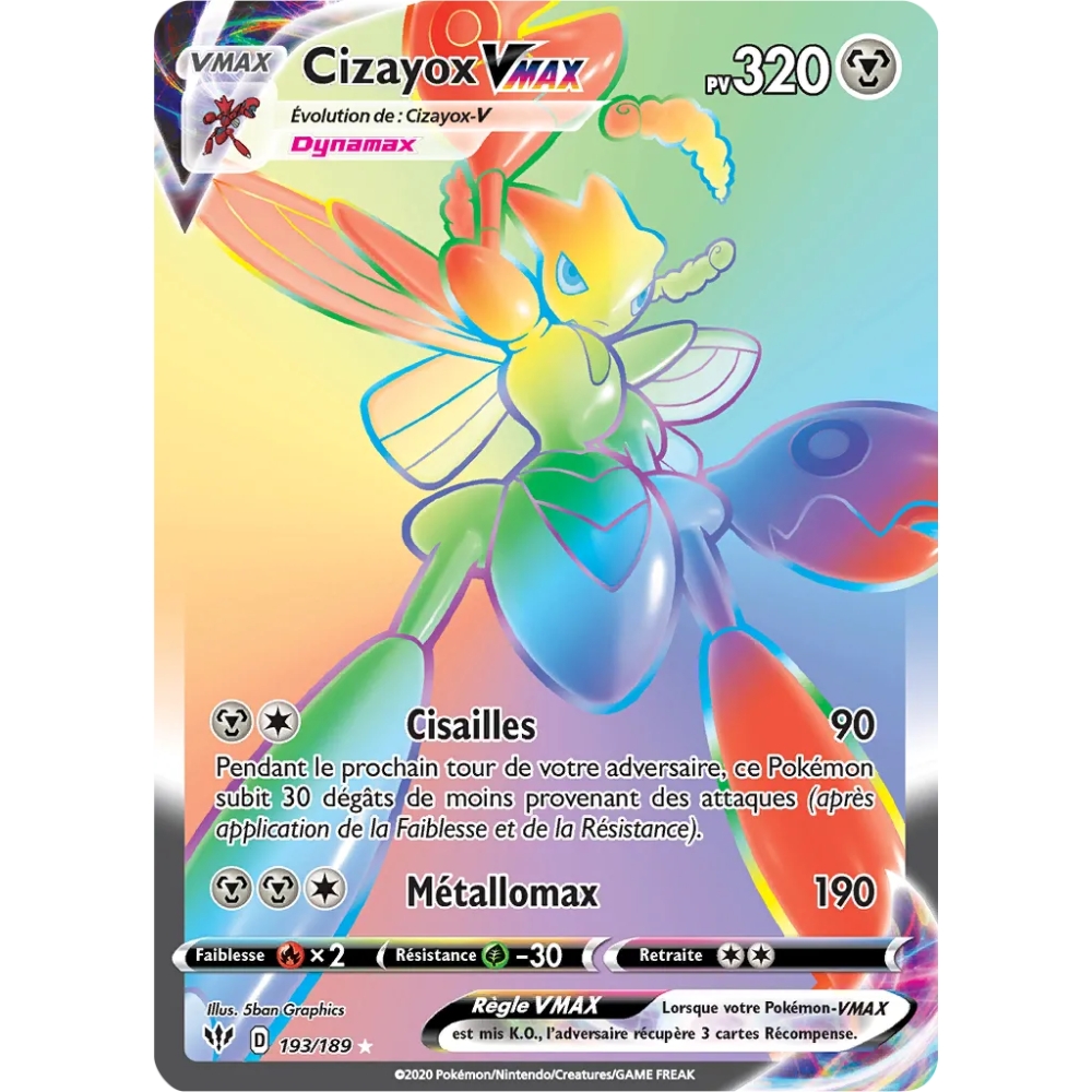 Carte Cizayox - Arc-en-ciel rare de Pokémon Épée et Bouclier Ténèbres Embrasées 193/189