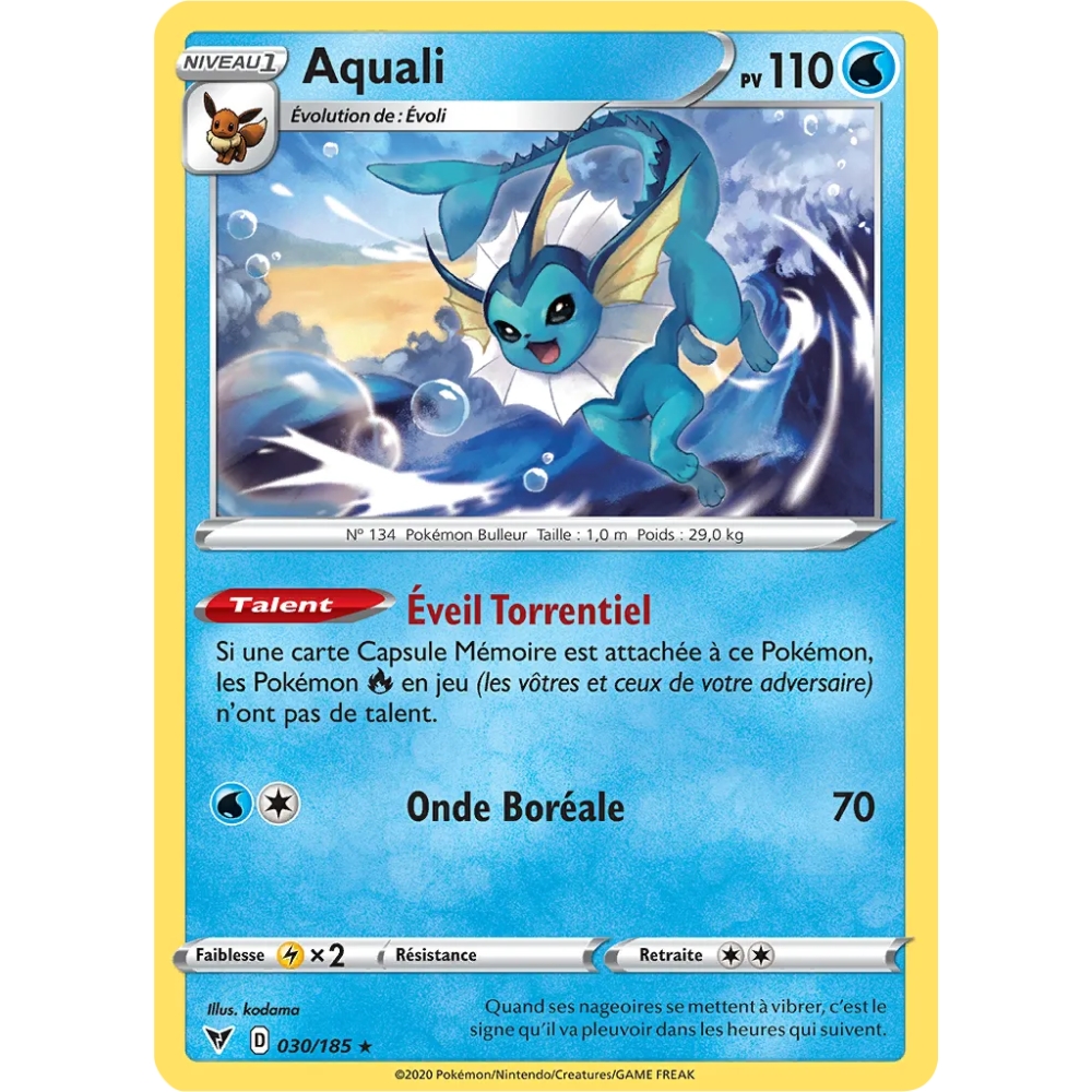 Carte Aquali - Rare (Brillante) de Pokémon Épée et Bouclier Voltage Éclatant 030/185