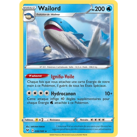 Carte Wailord - Holographique rare de Pokémon Épée et Bouclier Voltage Éclatant 032/185