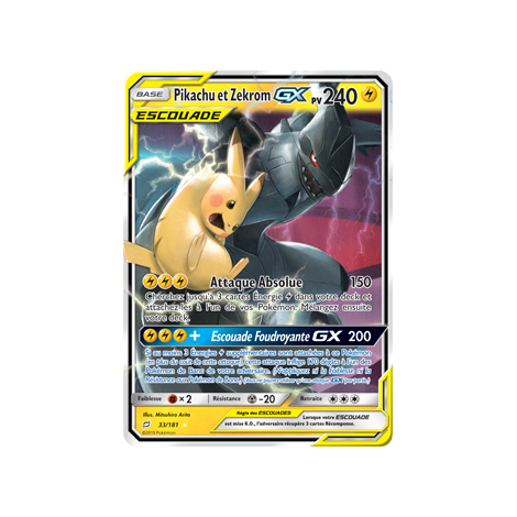 Carte Pikachu et Zekrom - Holographique rare GX de Pokémon Duo de Choc 33/181