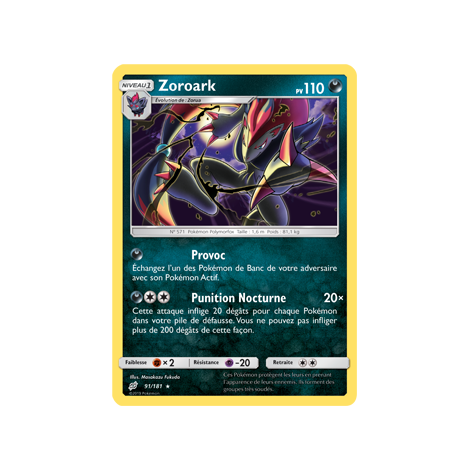 Carte Zoroark - Holographique rare de Pokémon Duo de Choc 91/181