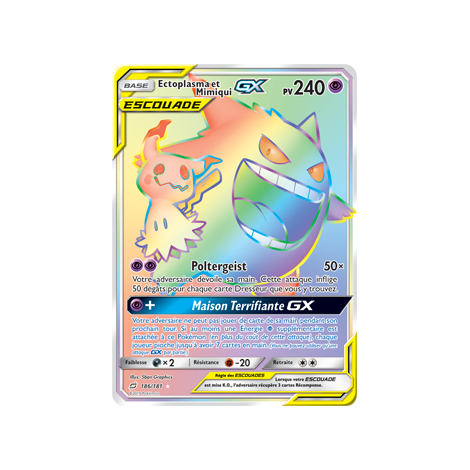 Carte Ectoplasma et Mimiqui - Arc-en-ciel rare de Pokémon Duo de Choc 186/181