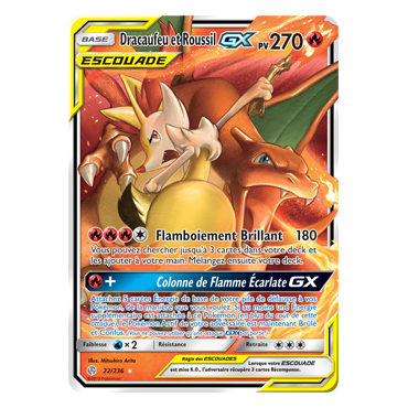 Carte Dracaufeu et Roussil - Holographique rare GX de Pokémon Éclipse Cosmique 22/236