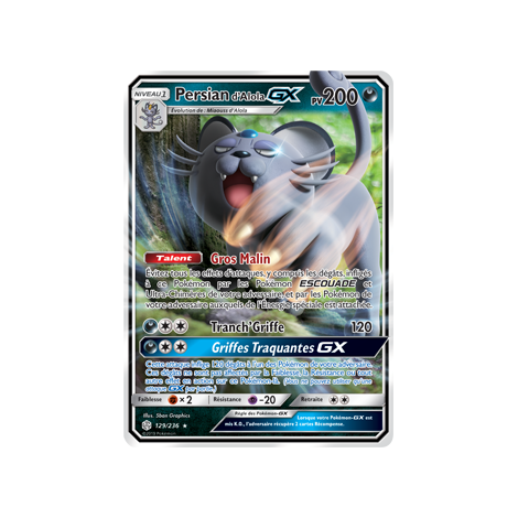 Persian d'Alola 129/236 : Joyau Holographique rare GX de l'extension Pokémon Éclipse Cosmique