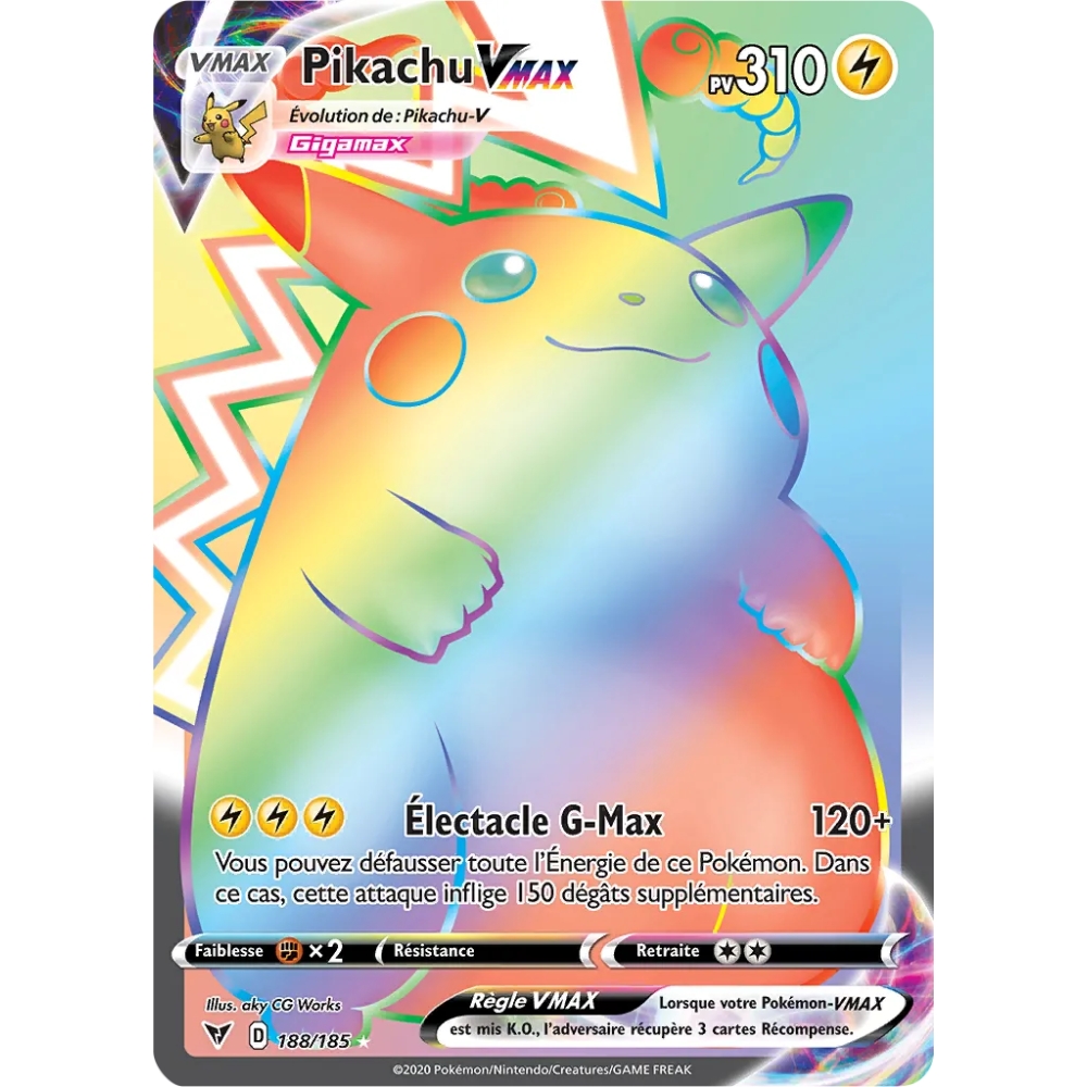 Pikachu 188/185 : Joyau Arc-en-ciel rare de l'extension Pokémon Épée et Bouclier Voltage Éclatant