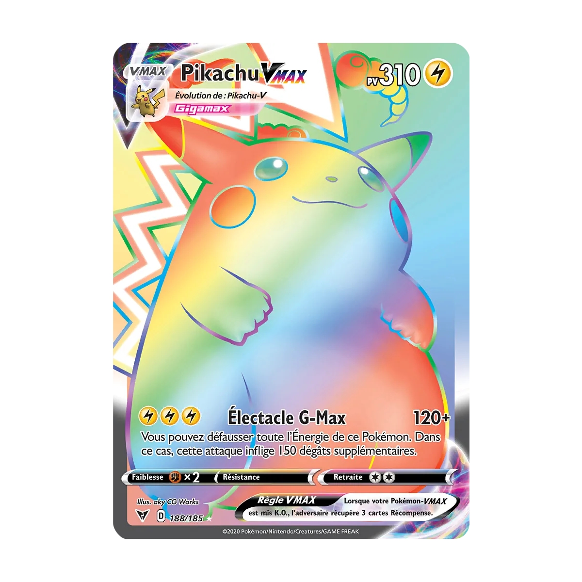 Pikachu 188/185 : Joyau Arc-en-ciel rare de l'extension Pokémon Épée et Bouclier Voltage Éclatant