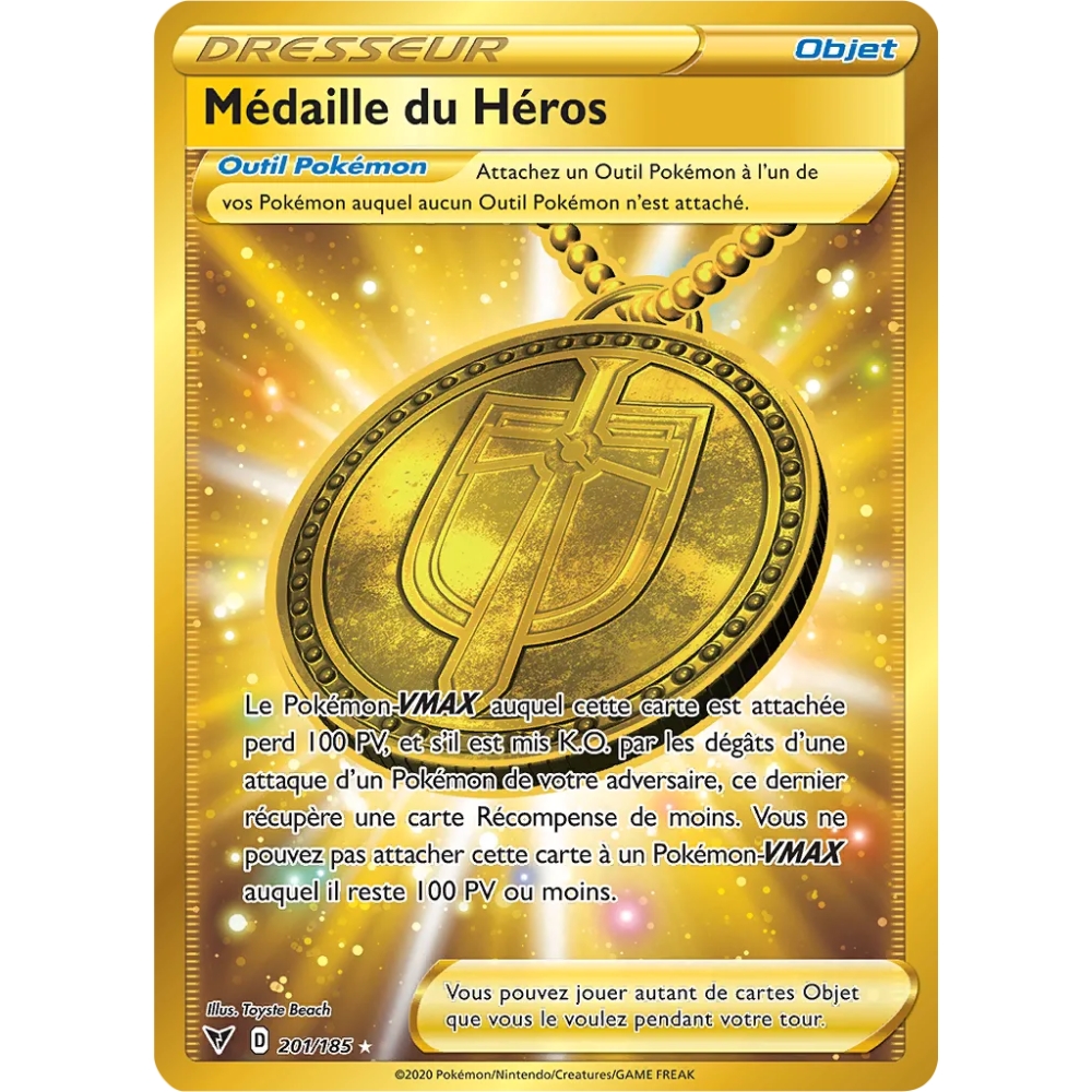 Carte Médaille du Héros - Secrète rare de Pokémon Épée et Bouclier Voltage Éclatant 201/185