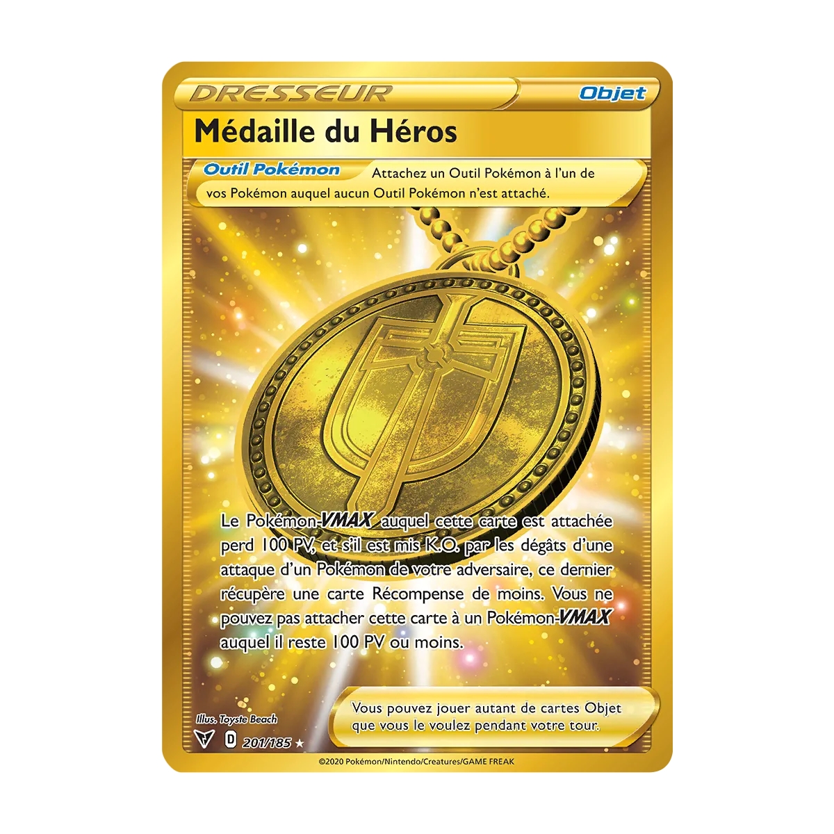 Carte Médaille du Héros - Secrète rare de Pokémon Épée et Bouclier Voltage Éclatant 201/185