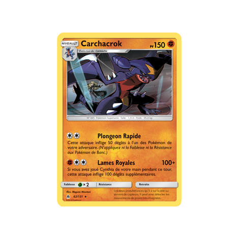 Carte Carchacrok - Holographique rare de Pokémon Lumière Interdite 62/131