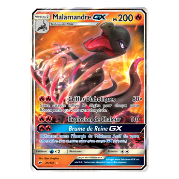 Malamandre 25/147 : Joyau Holographique rare GX de l'extension Pokémon Ombres Ardentes