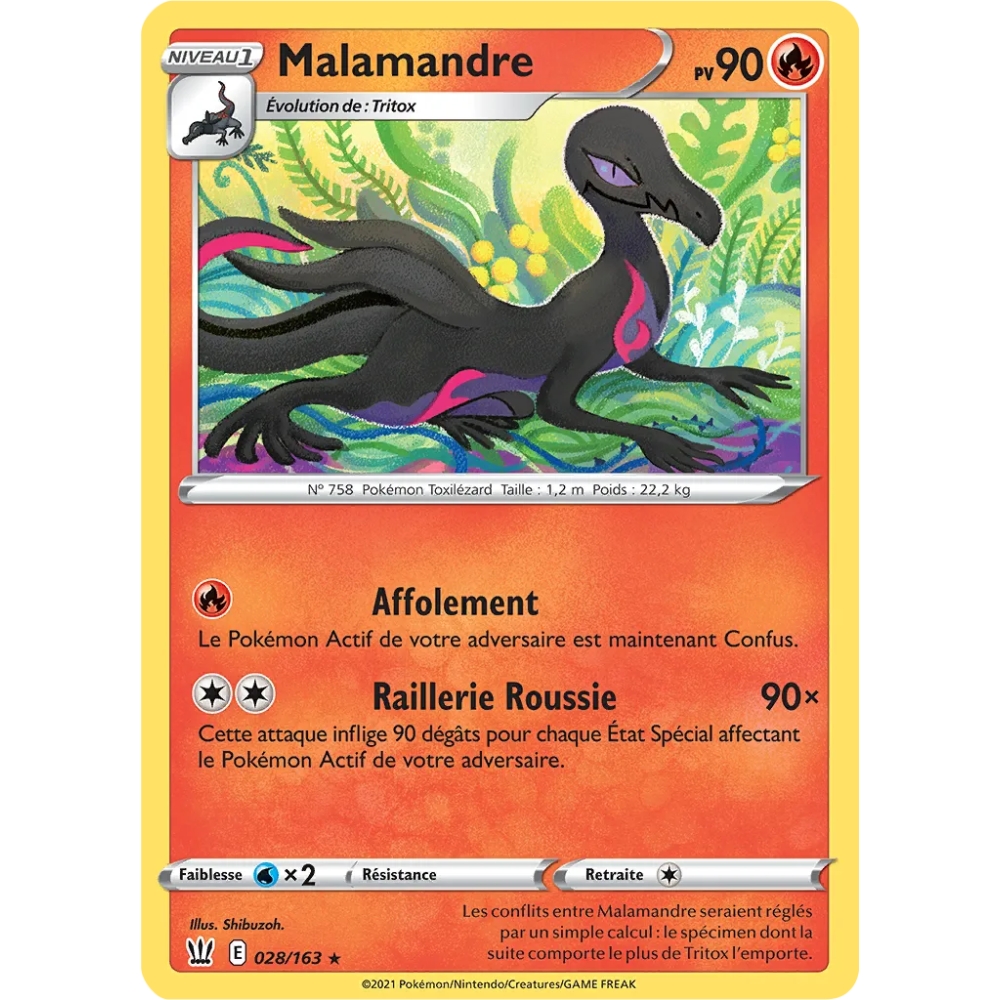 Malamandre 028/163 : Joyau Rare (Brillante) de l'extension Pokémon Épée et Bouclier Styles de Combat