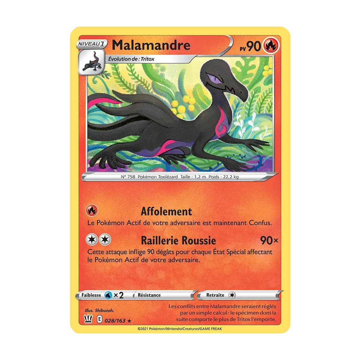 Malamandre 028/163 : Joyau Rare (Brillante) de l'extension Pokémon Épée et Bouclier Styles de Combat