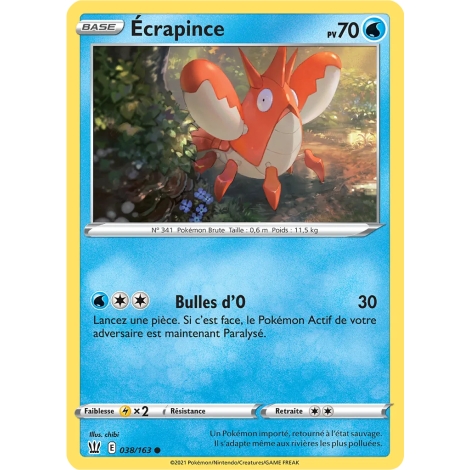 Carte Écrapince - Commune (Brillante) de Pokémon Épée et Bouclier Styles de Combat 038/163