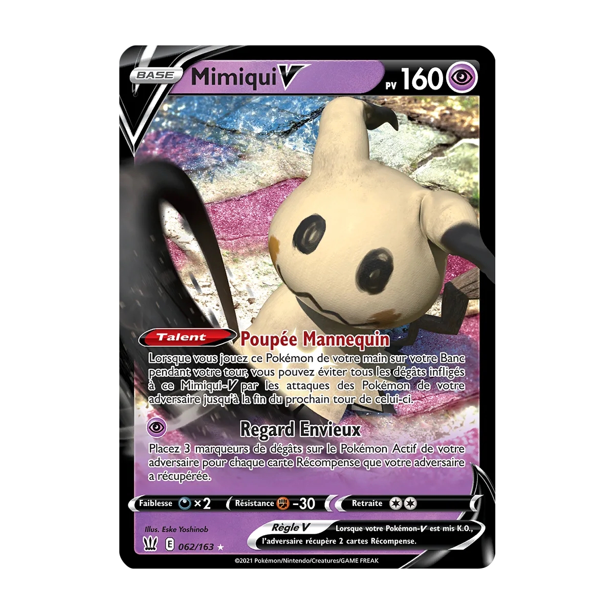 Mimiqui 062/163 : Joyau Holographique rare V de l'extension Pokémon Épée et Bouclier Styles de Combat