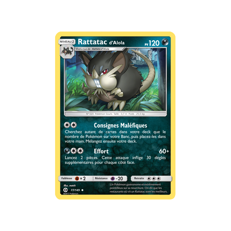 Carte Rattatac d'Alola - Peu commune de Pokémon Soleil et Lune (JCC) 77/149