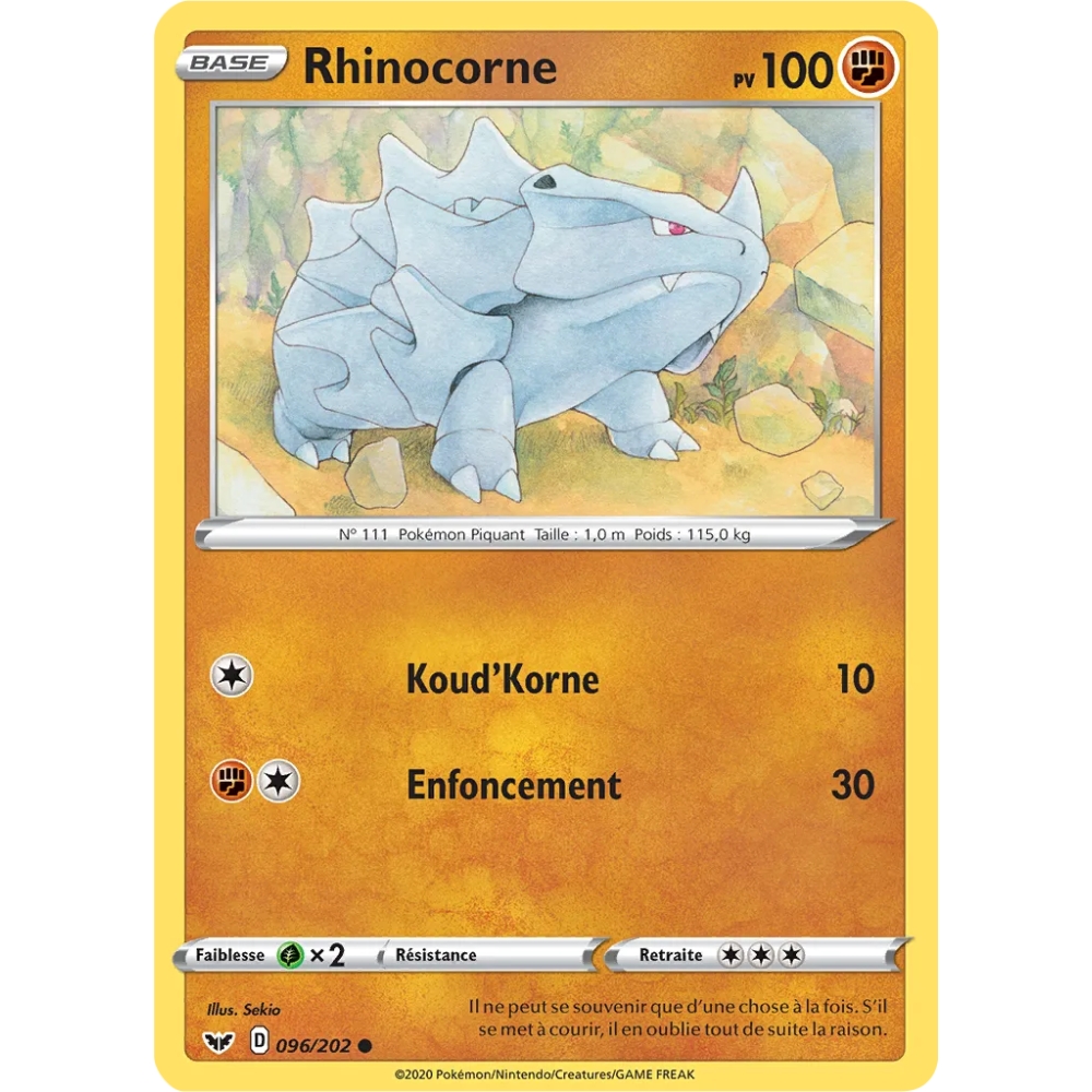 Rhinocorne 096/202 : Joyau Commune (Brillante) de l'extension Pokémon Épée et Bouclier