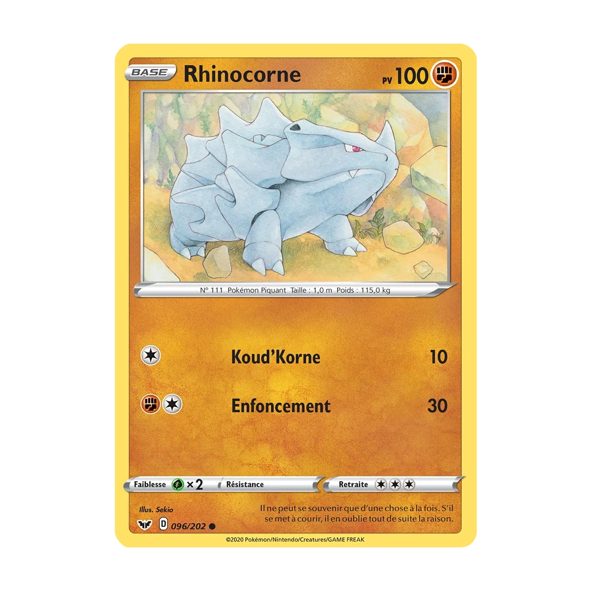 Rhinocorne 096/202 : Joyau Commune (Brillante) de l'extension Pokémon Épée et Bouclier