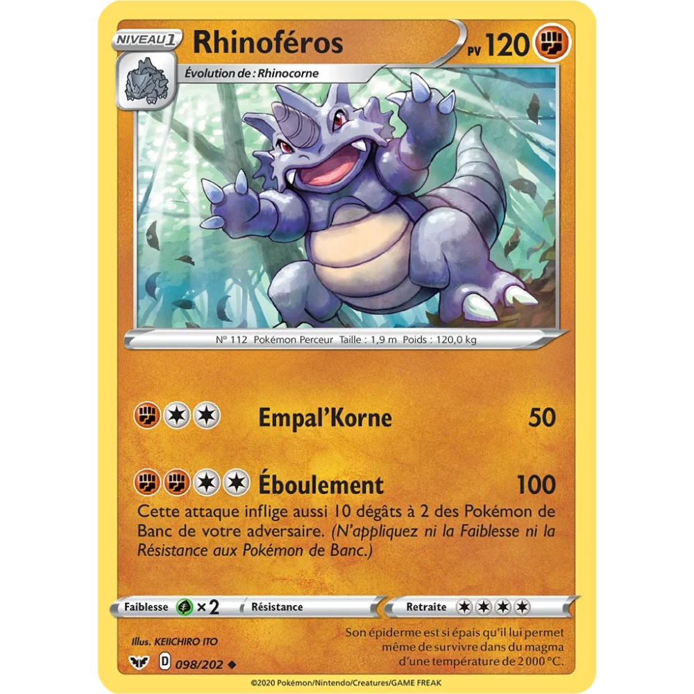 Carte Rhinoféros - Peu commune (Brillante) de Pokémon Épée et Bouclier 098/202