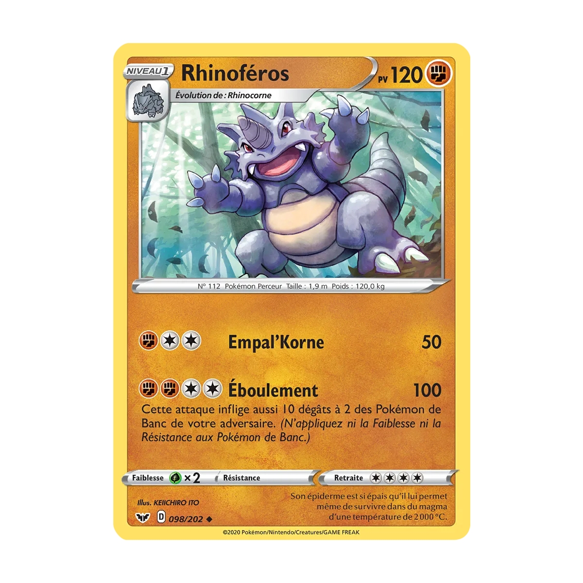 Carte Rhinoféros - Peu commune (Brillante) de Pokémon Épée et Bouclier 098/202